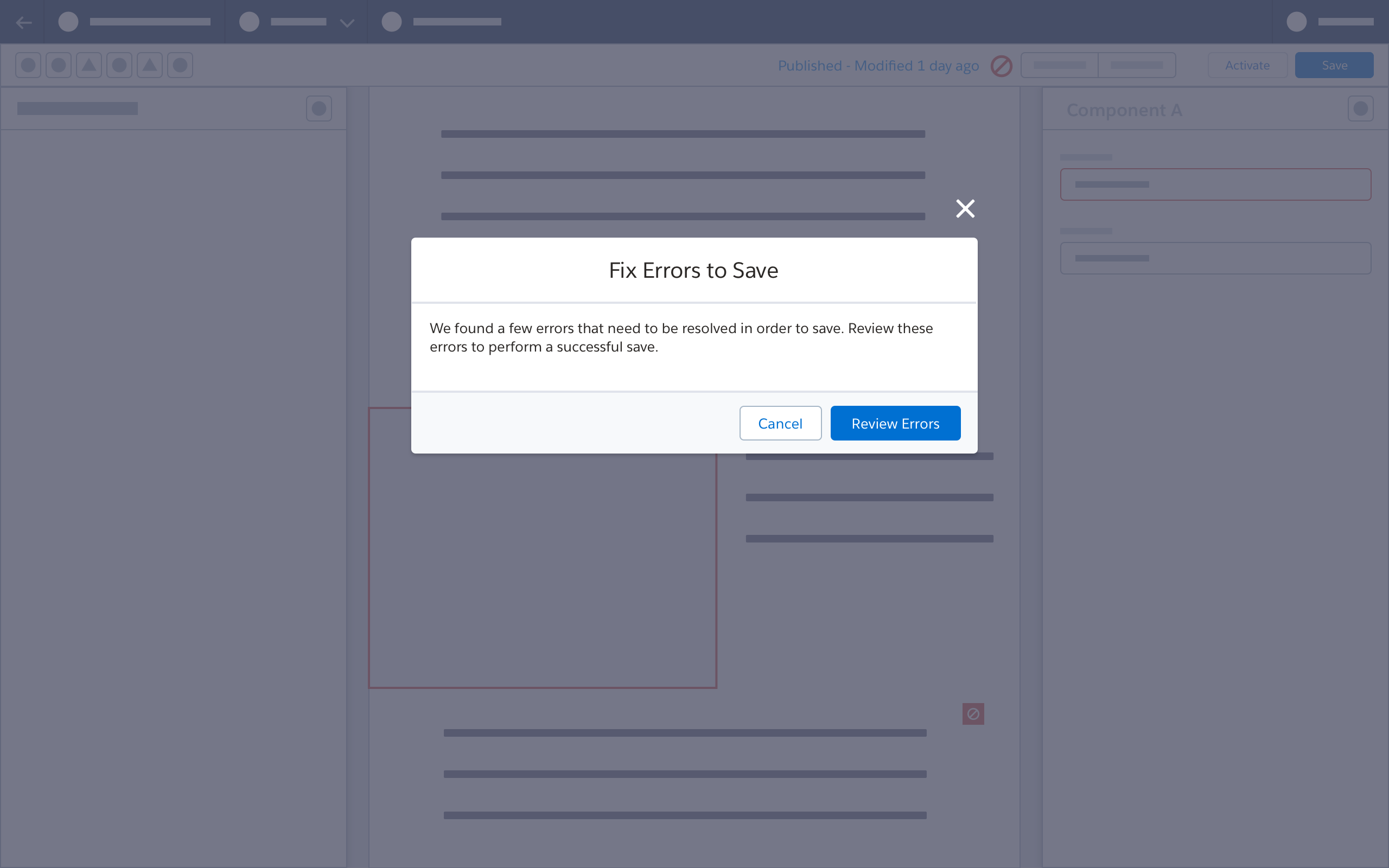 Wireframe showing a modal asking user to fix errors in order to save. 