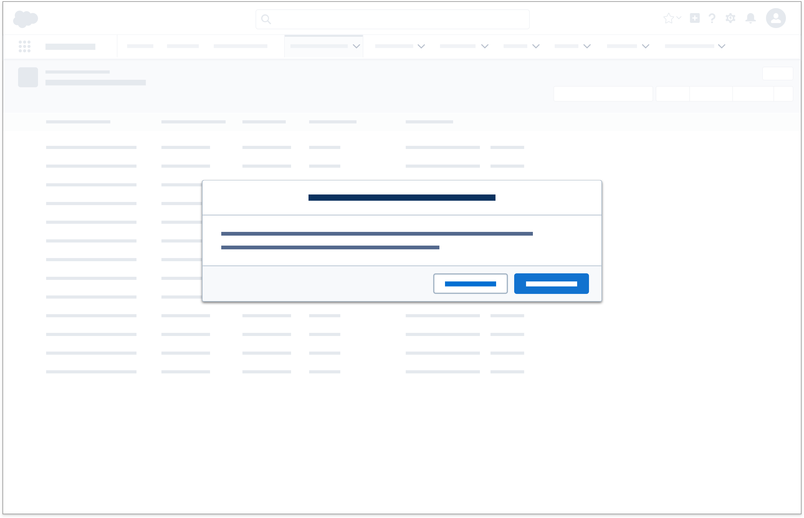 A wireframe showing a modal with a title, body text, and two buttons.