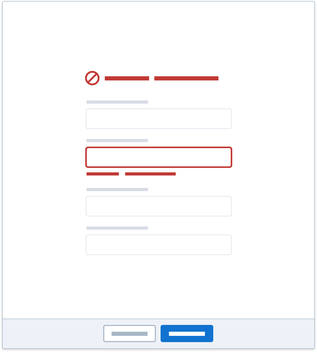 A wireframe example of a form field error displaying an inline text error and an icon variant of inline text.