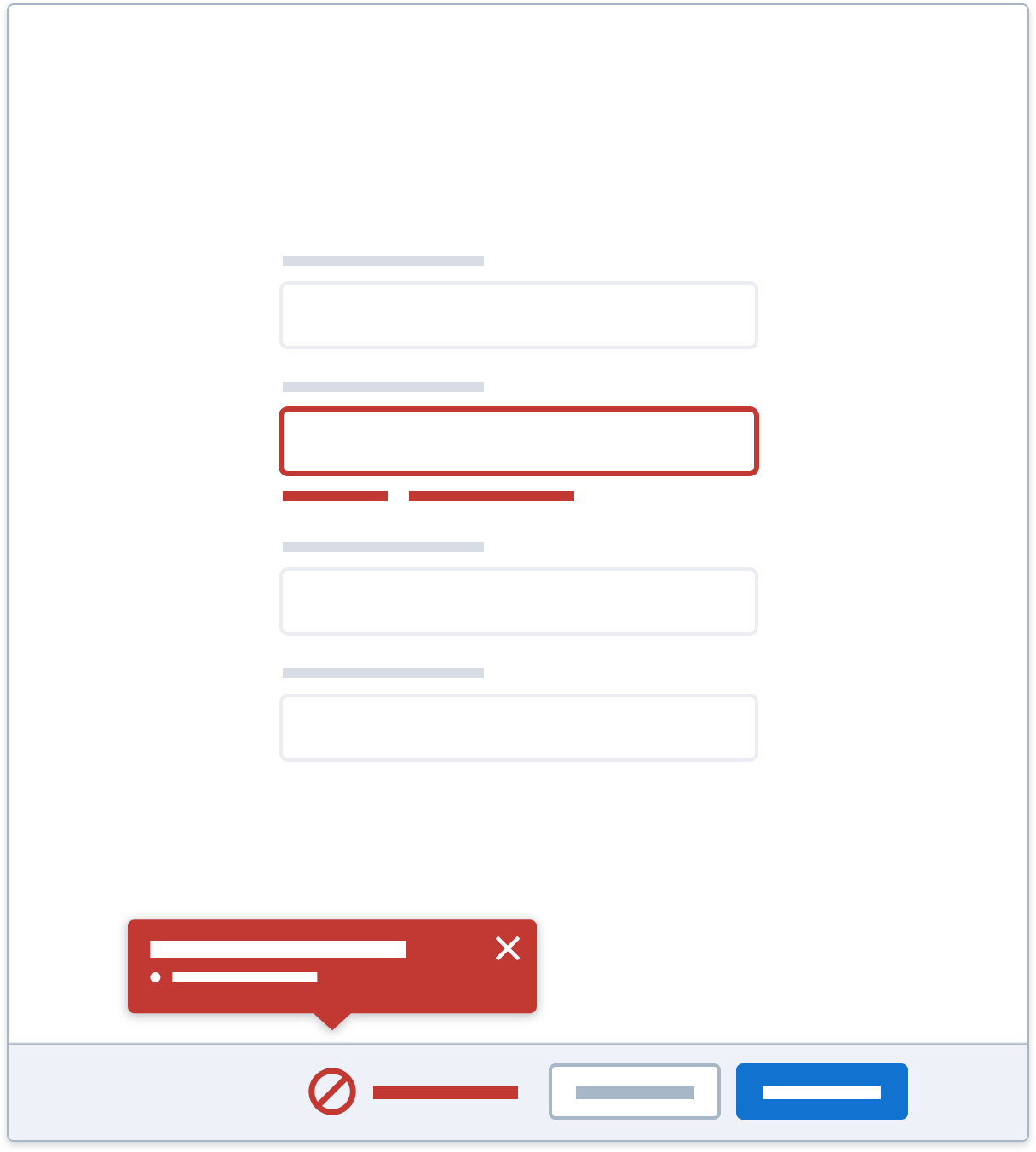 A wireframe example of a form field error displaying both an inline text error and a popover.