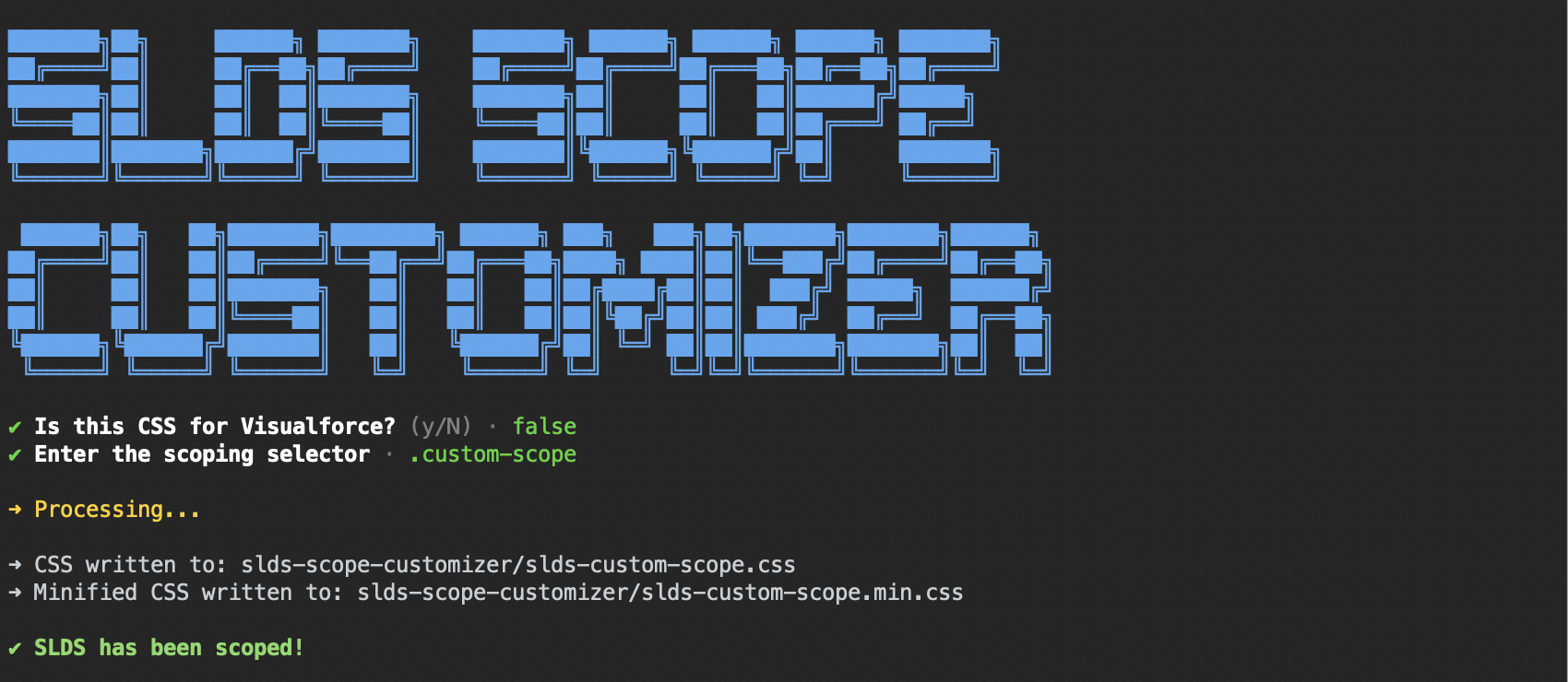 Command line screenshot after responding to the prompts